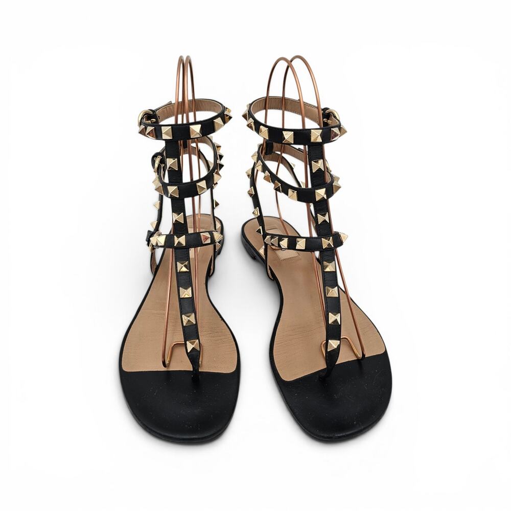 Valentino Garavani Rockstud Black Leather Cage Gladiator Flat Sandal Size 39 9
